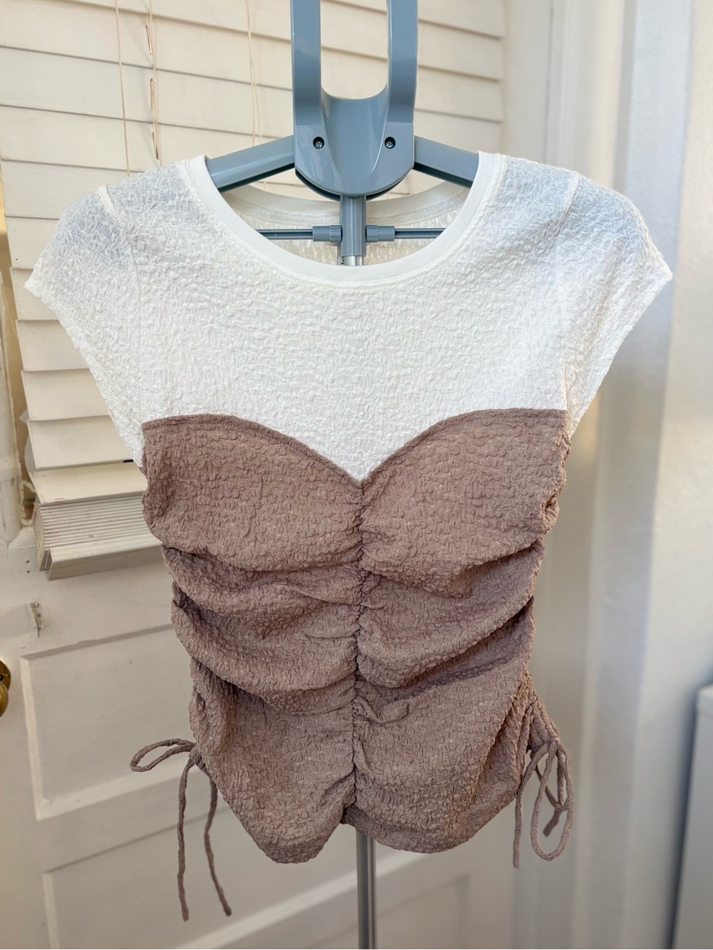 Anthropologie Maeve Ruched Corset Top Latte Ivory Short Sleeve S NWT